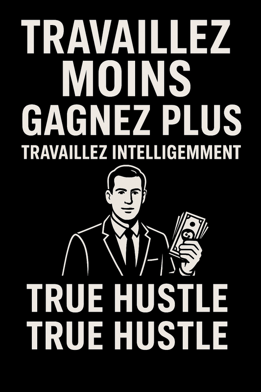 Illustration avec texte promouvant les stratégies de travail intelligent : « Travaille moins, gagne plus, True Hustle » avec icône d’argent.