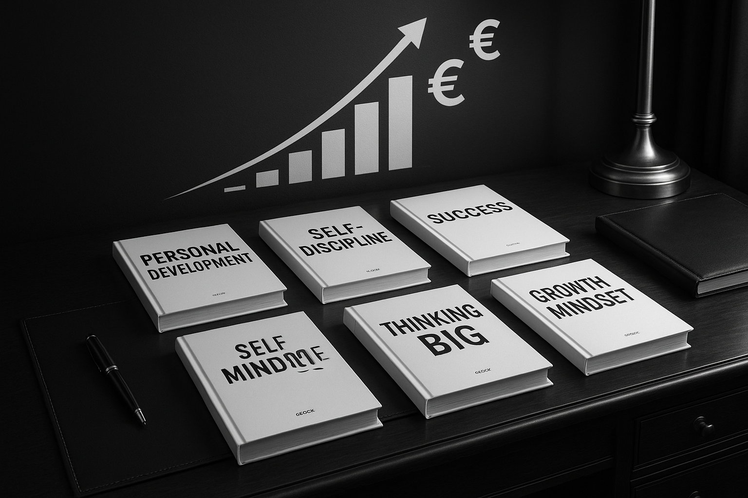 une image d'une table remplis de ebooks sur le development personel et un graphic qui monte vers de l'argent , style noir blanc , riche et professionel