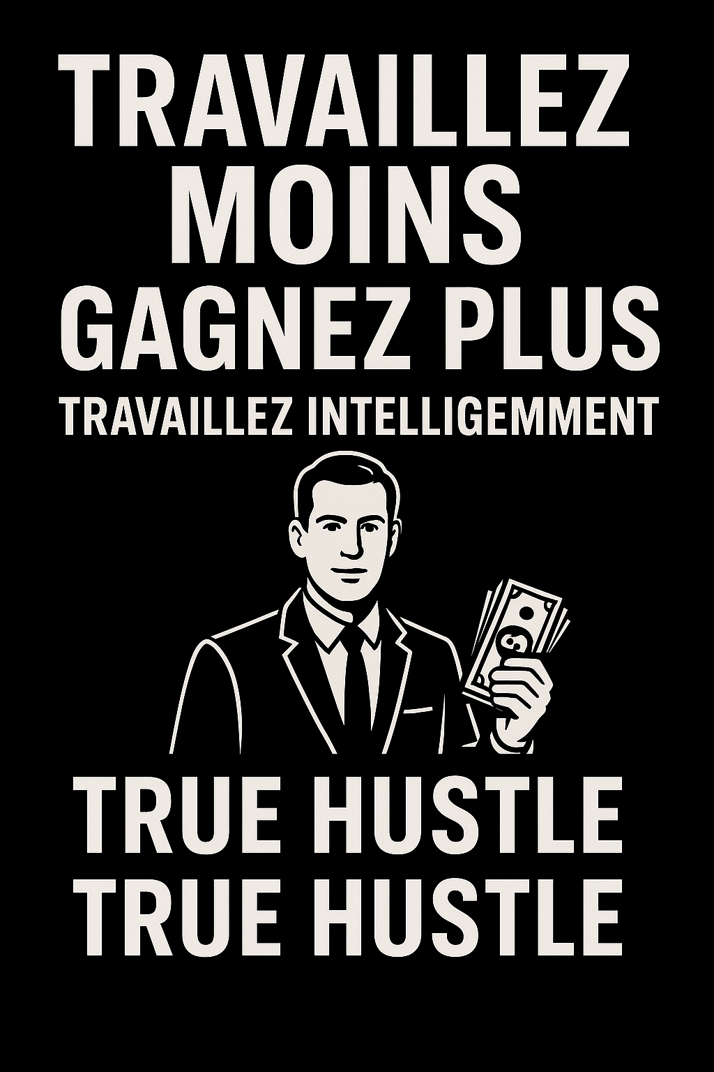 Illustration avec texte promouvant les stratégies de travail intelligent : « Travaille moins, gagne plus, True Hustle » avec icône d’argent.